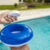 Hands holding a dispenser with pool chlorine tablet, pool float and chlorine tablets for pool maintenance. Hands holding a pool chlorine dispenser. Hand of a pool disinfection worker holding a dispenser with a chlorine tablet.