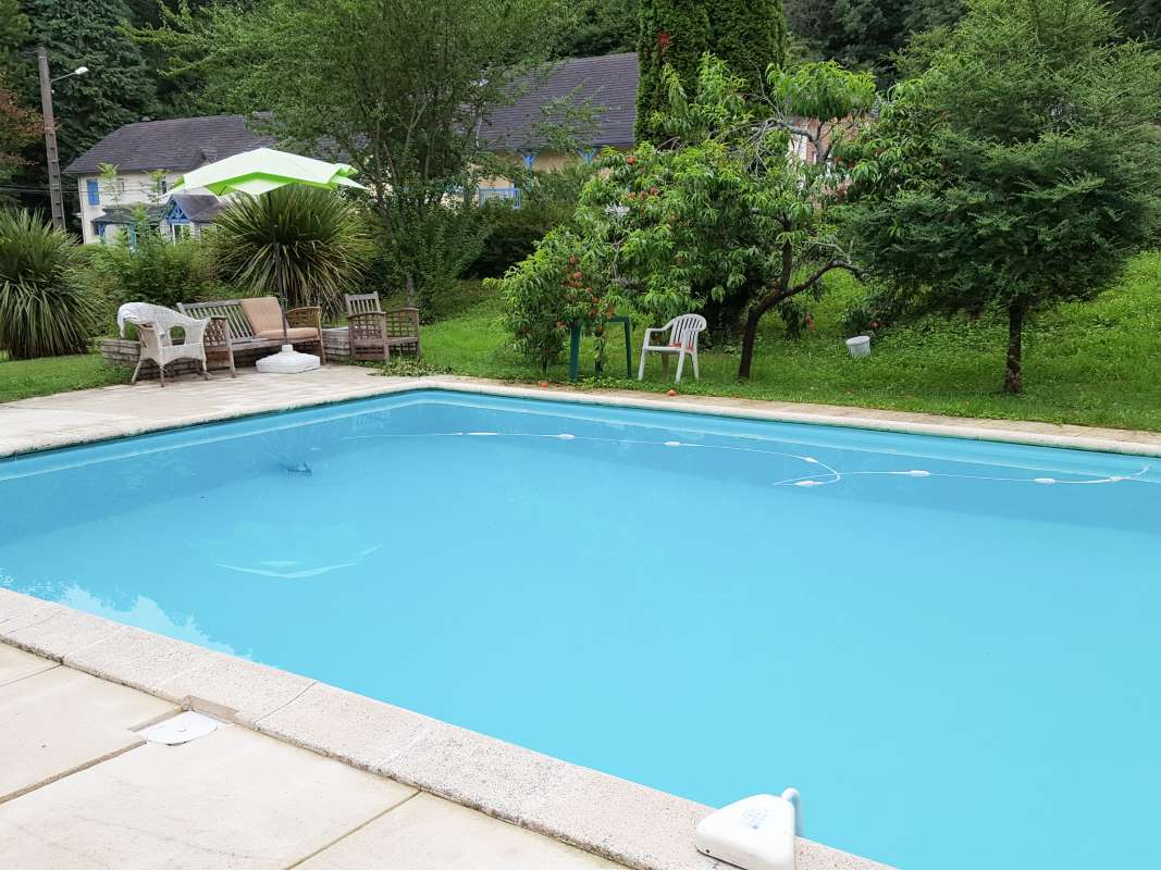 Outdoor swimming pool with blue water near the garden